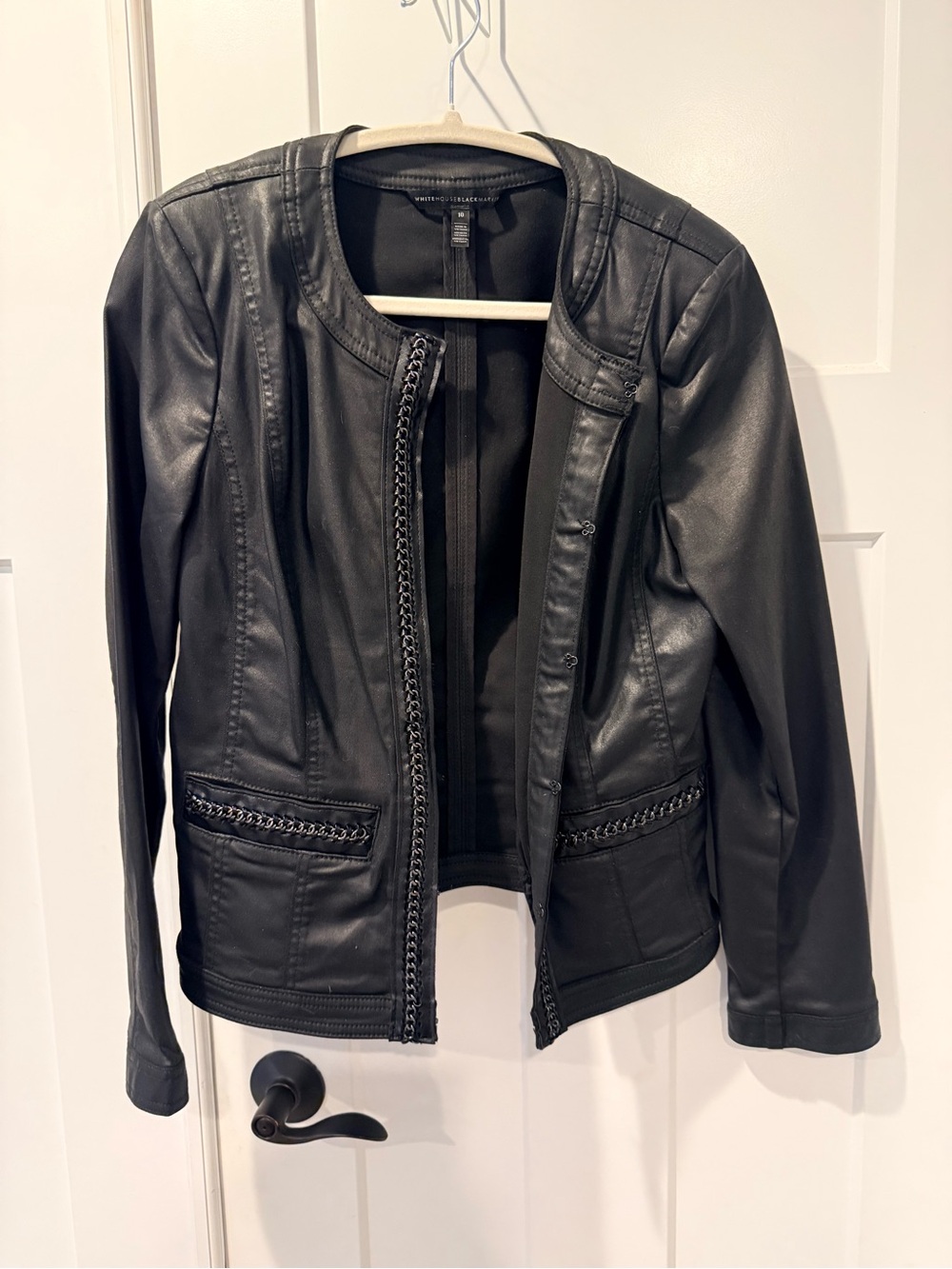 White House Black Market Black Faux Leather Chain-Trim Jacket